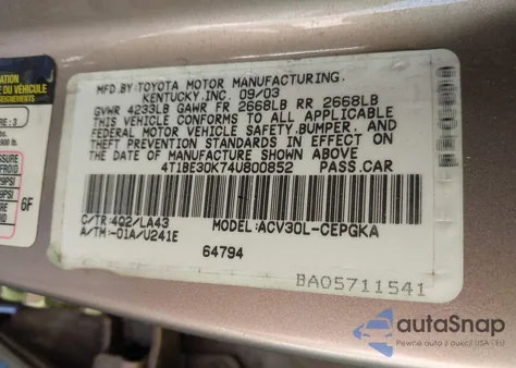 2004 Toyota Camry Xle from USA, damaged, VIN 4T1BE30K74U800852